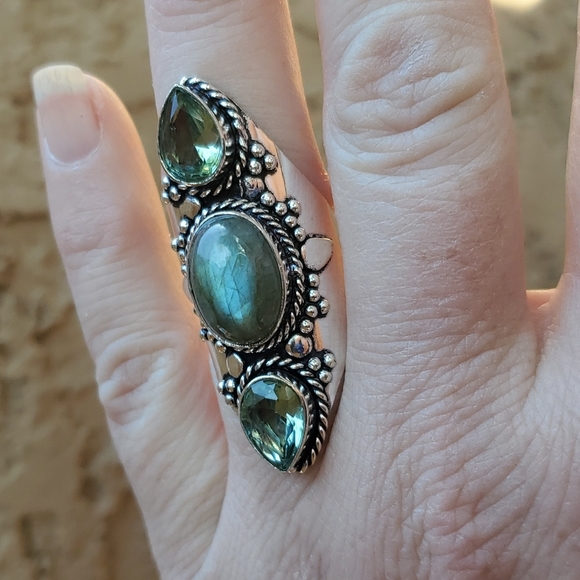 New Labradorite & Tsavorite 925 Silver Statement Ring. - Picture 8 of 16